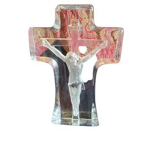 Thick Crystal glass 3D Jesus on Cross paperweight 7.5" h religious